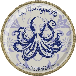 Logo de La Martégalette : un poulpe bleu sur une assiette en faïence cerclée de corde