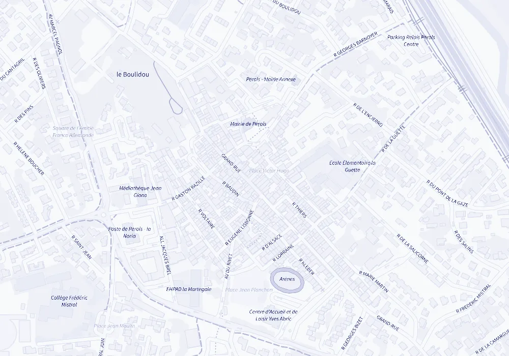 Plan du centre de Pérols : la boutique est sur la Grand’Rue, entre la mairie et la place Victor-Hugo